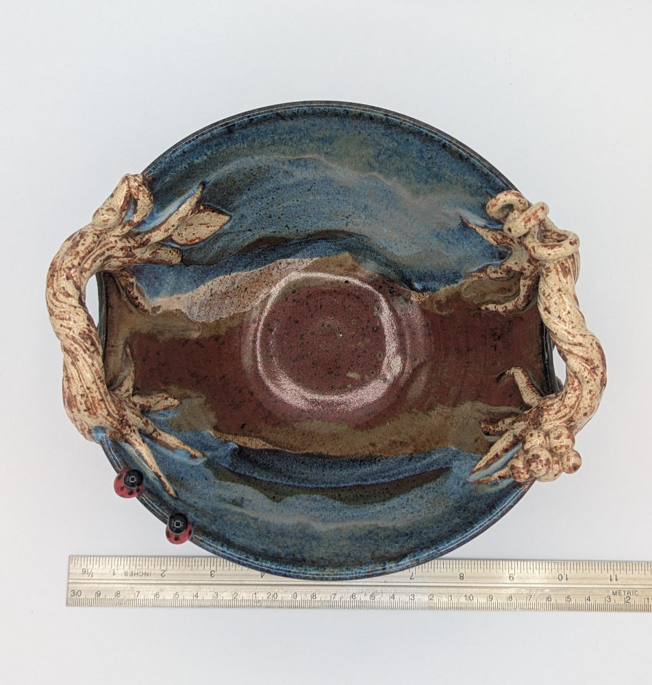 Enchanted Forest Ceramic Bowl with Root Handles and Ladybugs 1