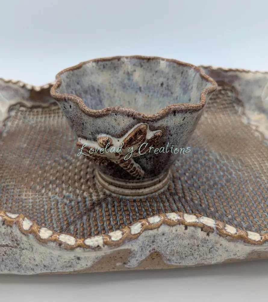 Grand Artisan Ceramic Chip & Dip / Relish Server with Textured Mesh and Organic Handles Chip and Dip