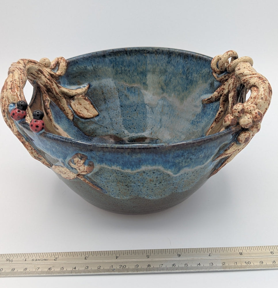 Enchanted Forest Ceramic Bowl with Root Handles and Ladybugs 1