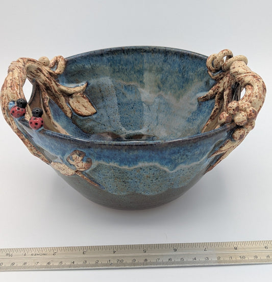 Enchanted Forest Ceramic Bowl with Root Handles and Ladybugs 1