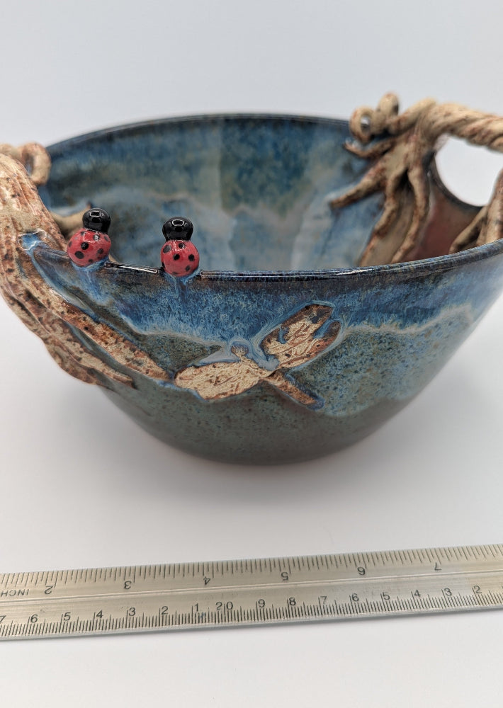 Enchanted Forest Ceramic Bowl with Root Handles and Ladybugs 1