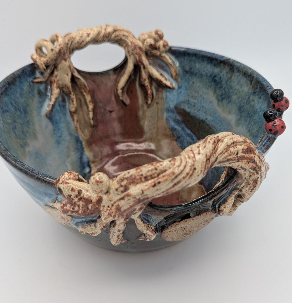 Enchanted Forest Ceramic Bowl with Root Handles and Ladybugs 1