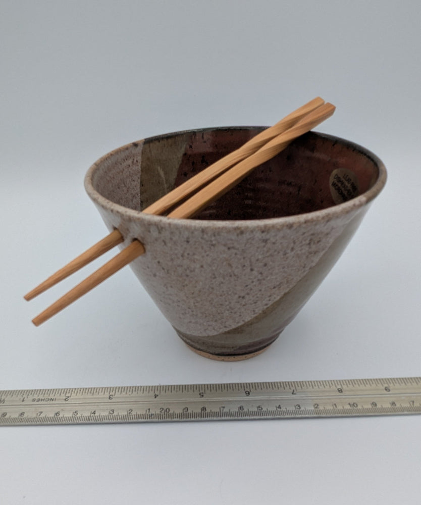 Artisan Ceramic Rice Bowl with Chopstick Rests and Earthy Tones