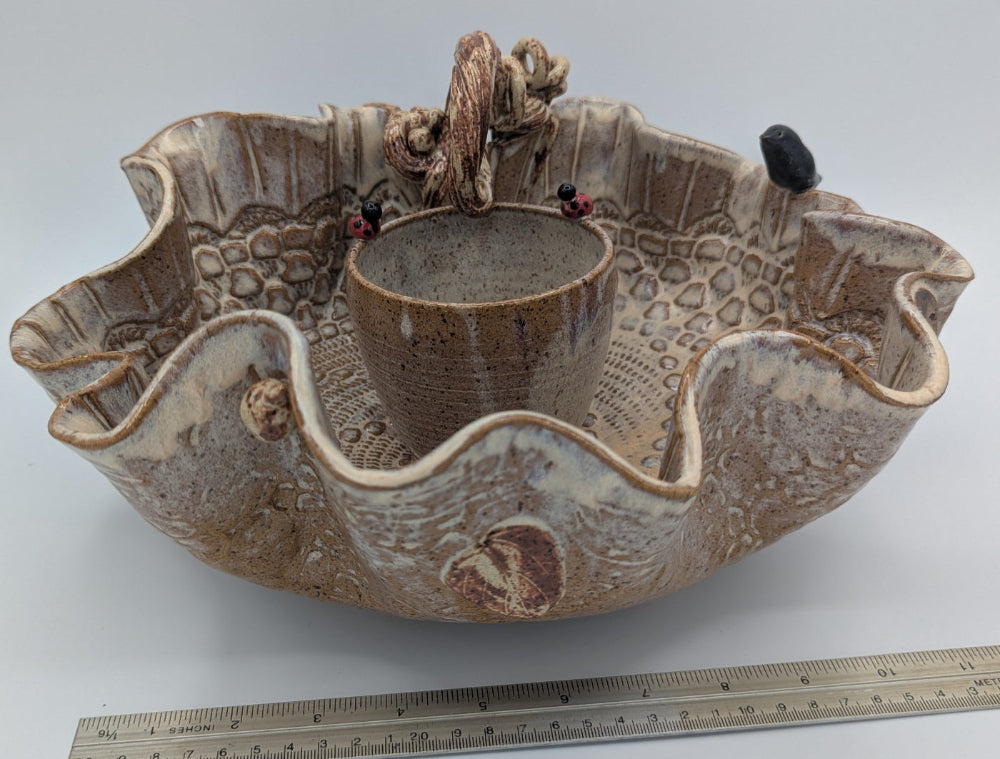 Whimsical Ceramic Chip & Dip Server with Nature-Inspired Accents