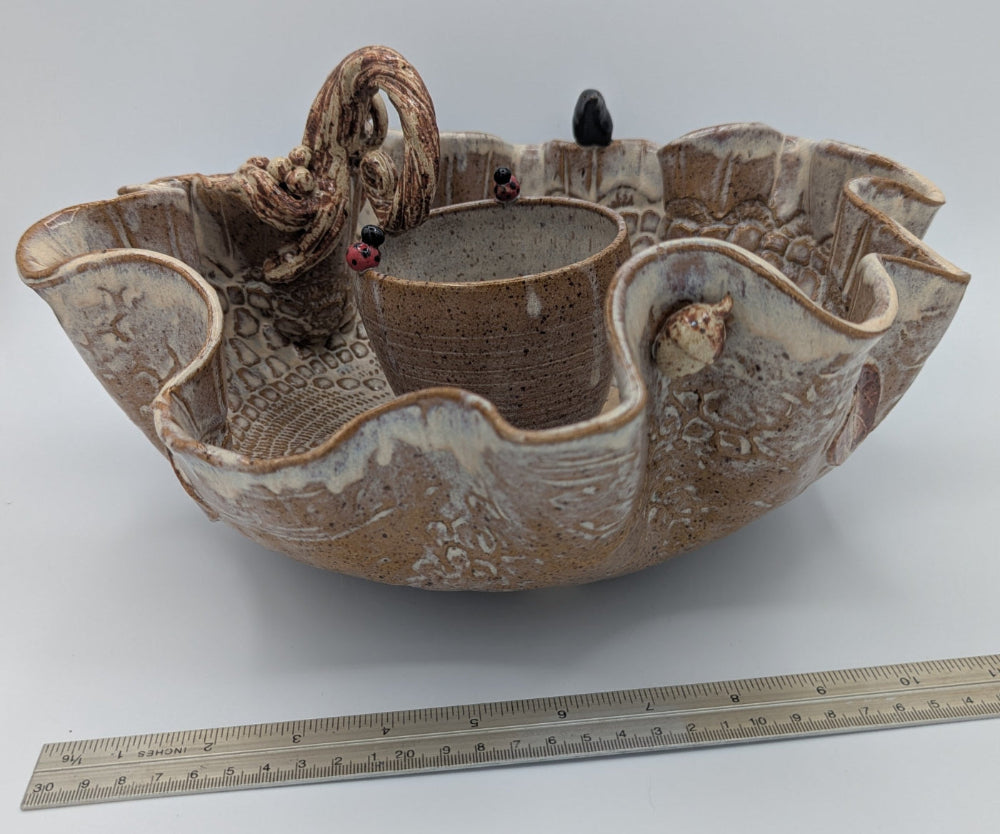 Whimsical Ceramic Chip & Dip Server with Nature-Inspired Accents