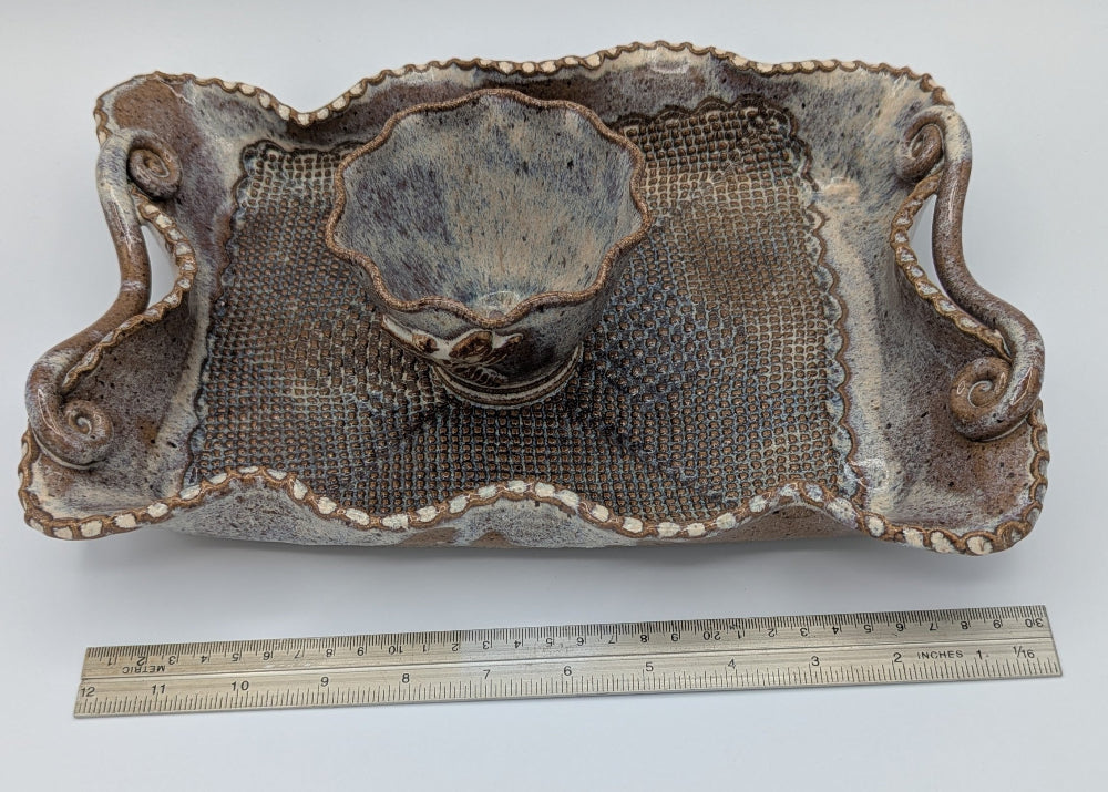 Grand Artisan Ceramic Chip & Dip / Relish Server with Textured Mesh and Organic Handles