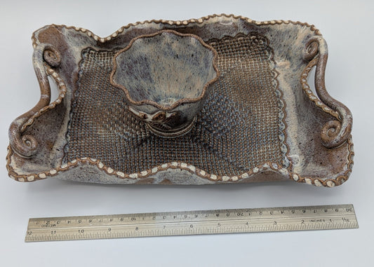 Grand Artisan Ceramic Chip & Dip / Relish Server with Textured Mesh and Organic Handles