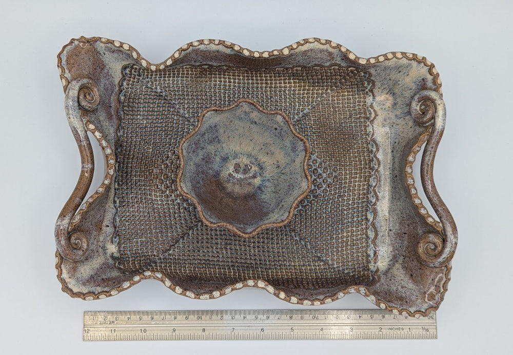 Grand Artisan Ceramic Chip & Dip / Relish Server with Textured Mesh and Organic Handles