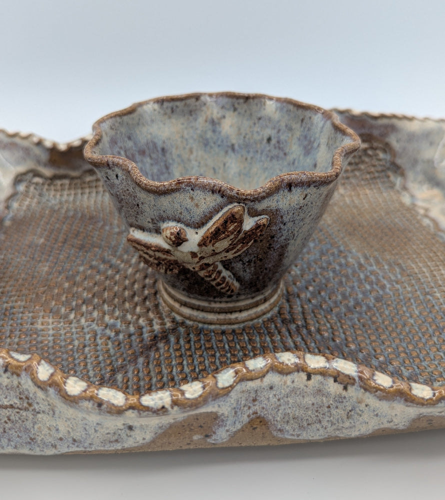Grand Artisan Ceramic Chip & Dip / Relish Server with Textured Mesh and Organic Handles