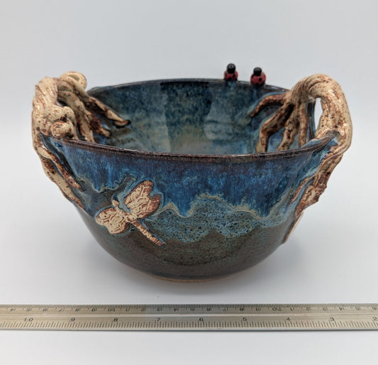 Enchanted Forest Ceramic Bowl with Sculptural Handles and Ladybug Accents