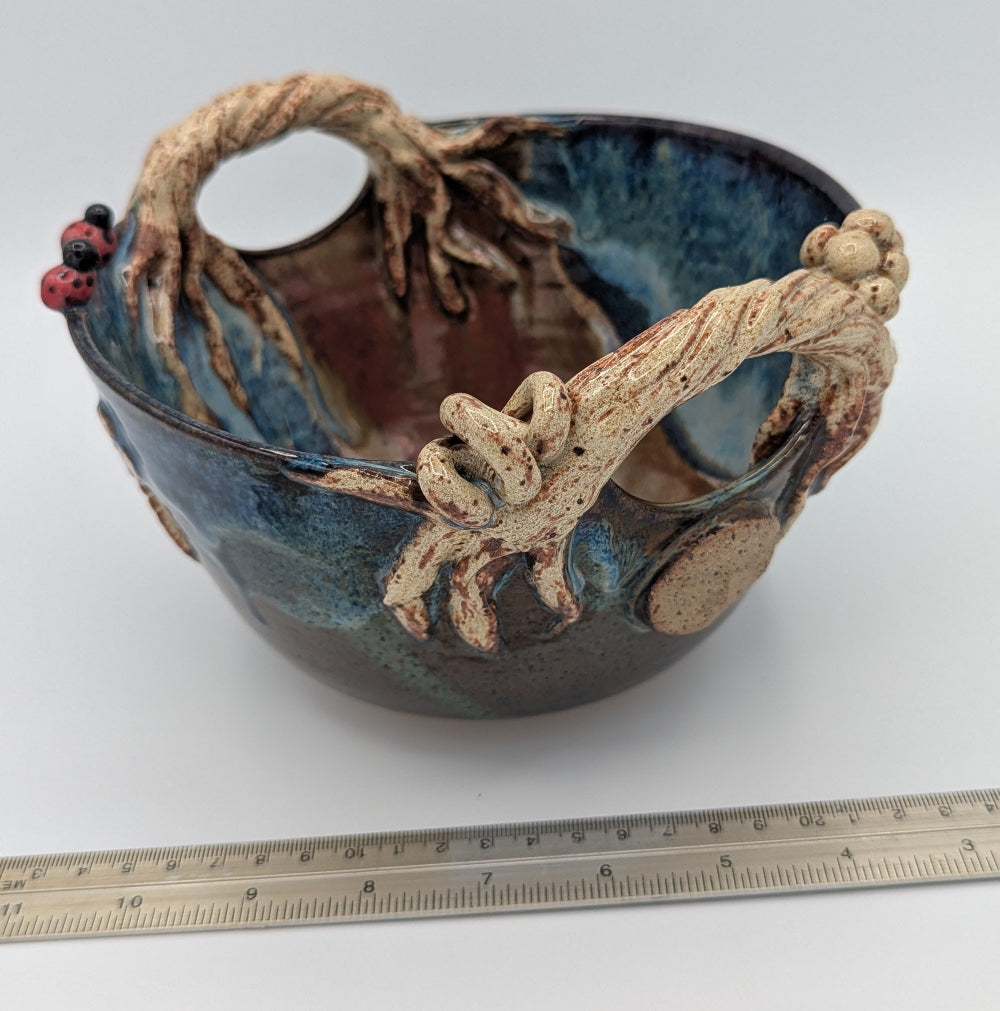 Enchanted Forest Ceramic Bowl with Sculptural Handles and Ladybug Accents