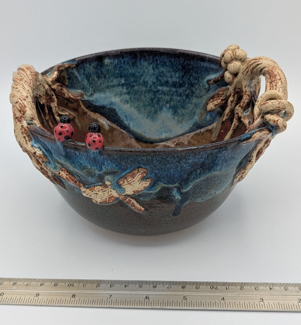 Enchanted Forest Ceramic Bowl with Sculptural Handles and Ladybug Accents