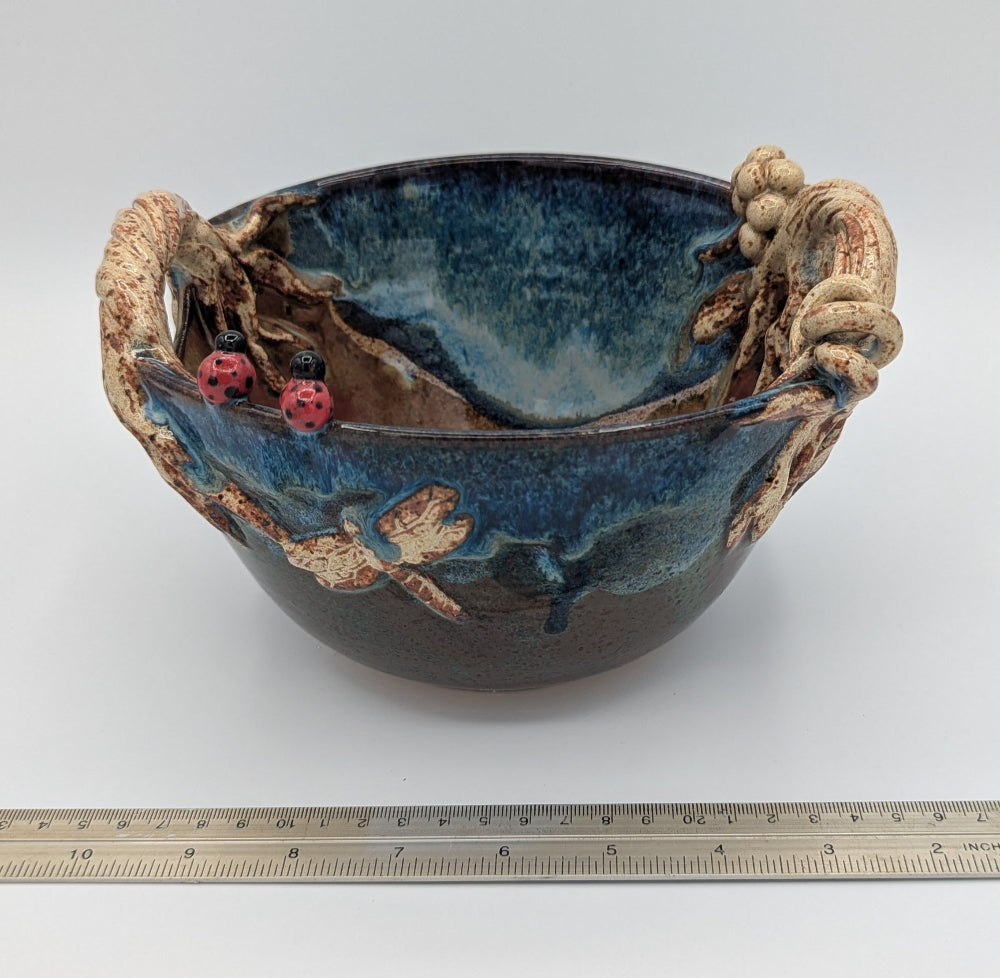 Enchanted Forest Ceramic Bowl with Sculptural Handles and Ladybug Accents