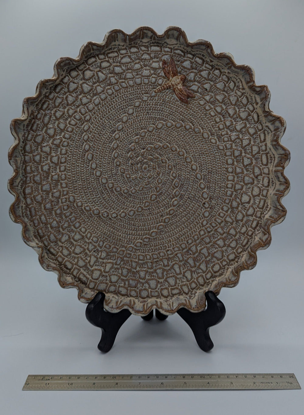 Charming Artisan Ceramic Doily Plate with Dragonfly Accent