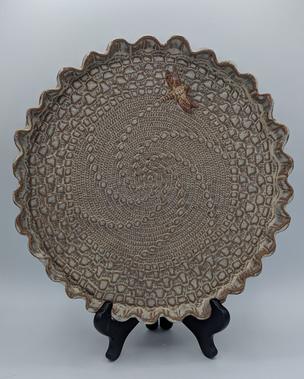 Charming Artisan Ceramic Doily Plate with Dragonfly Accent