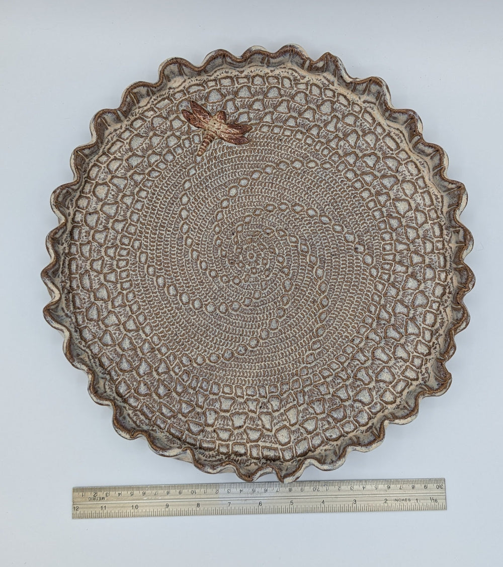 Charming Artisan Ceramic Doily Plate with Dragonfly Accent