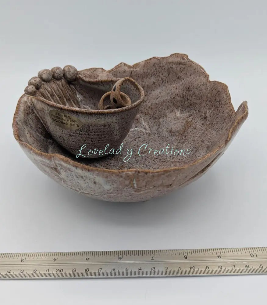 Artisan Ceramic Small Chip & Dip Server - Seashell/Leaf Inspired Design Chip and Dip