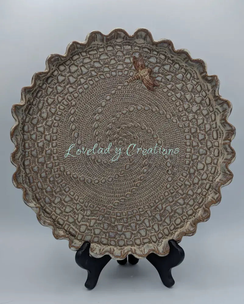 Charming Artisan Ceramic Doily Plate with Dragonfly Accent Platter