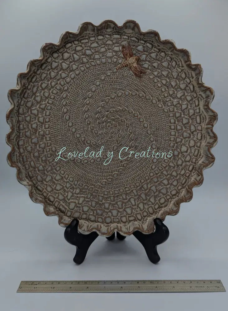 Charming Artisan Ceramic Doily Plate with Dragonfly Accent Platter