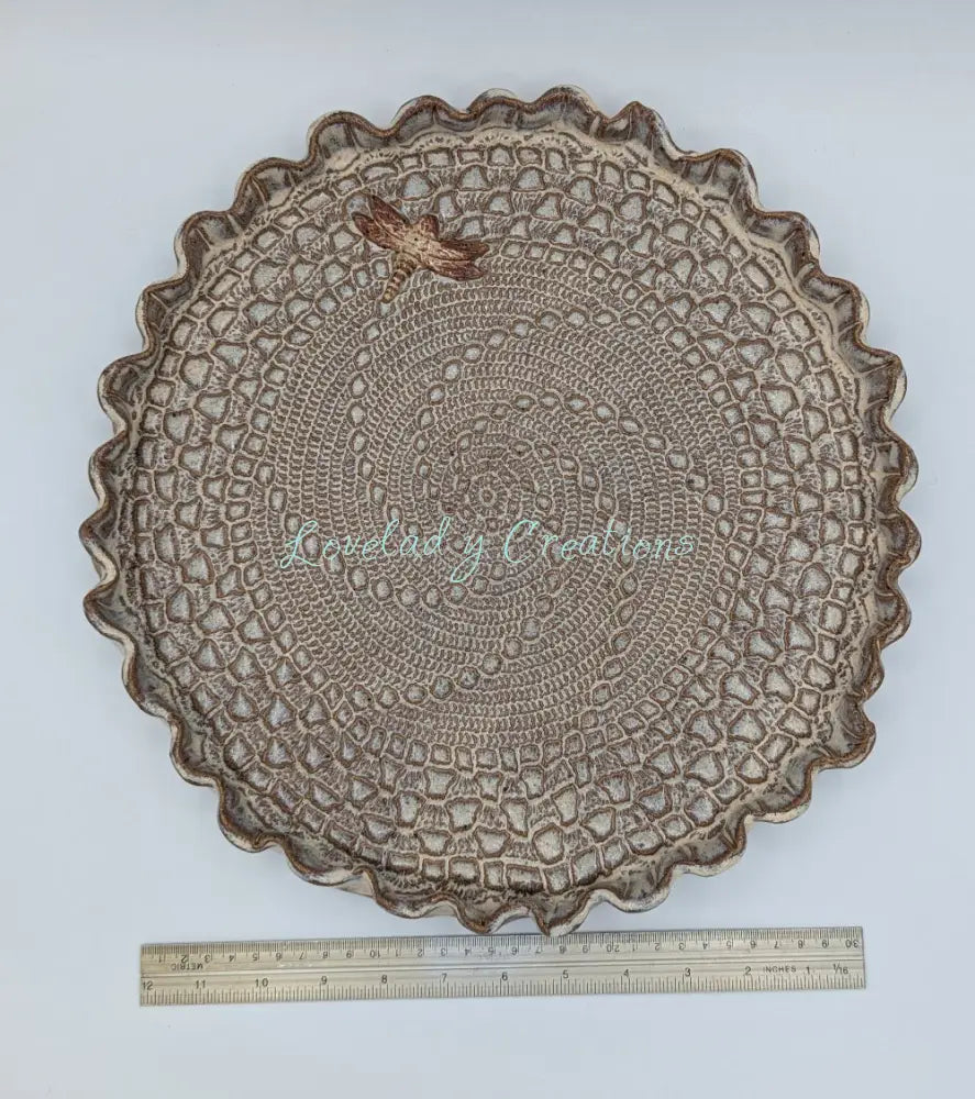 Charming Artisan Ceramic Doily Plate with Dragonfly Accent Platter