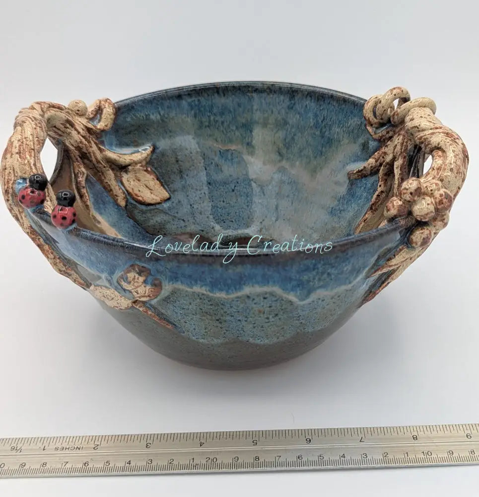 Enchanted Forest Ceramic Bowl with Root Handles and Ladybugs 1 Bowl