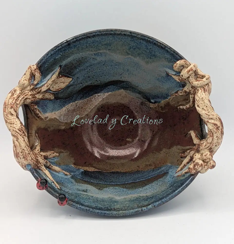 Enchanted Forest Ceramic Bowl with Root Handles and Ladybugs 1 Bowl