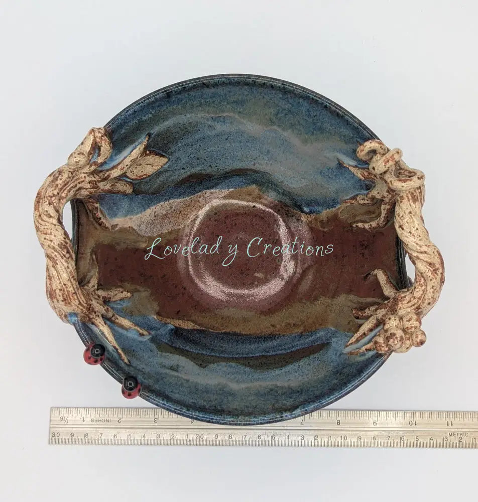 Enchanted Forest Ceramic Bowl with Root Handles and Ladybugs 1 Bowl