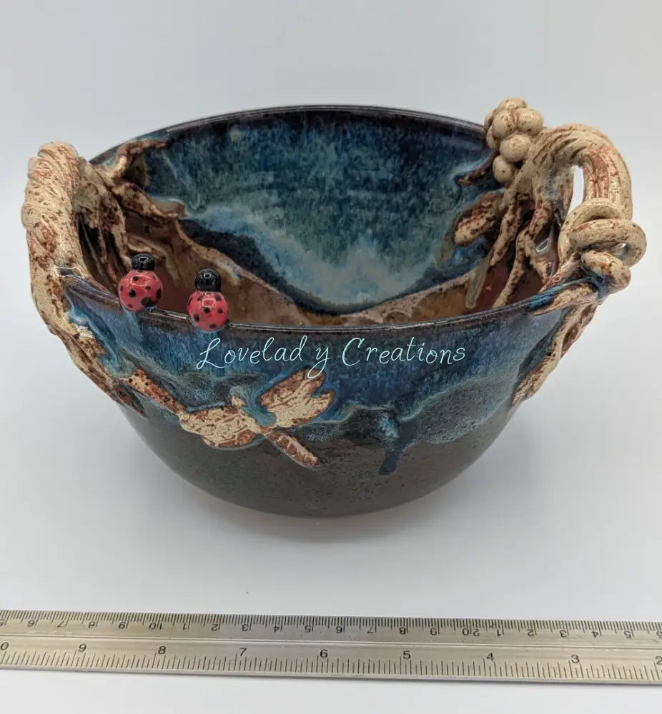 Enchanted Forest Ceramic Bowl with Sculptural Handles and Ladybug Accents Bowl