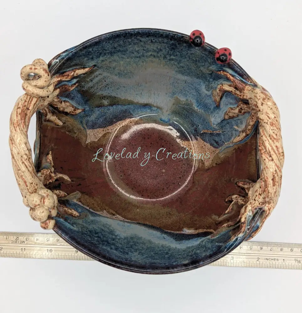 Enchanted Forest Ceramic Bowl with Sculptural Handles and Ladybug Accents Bowl