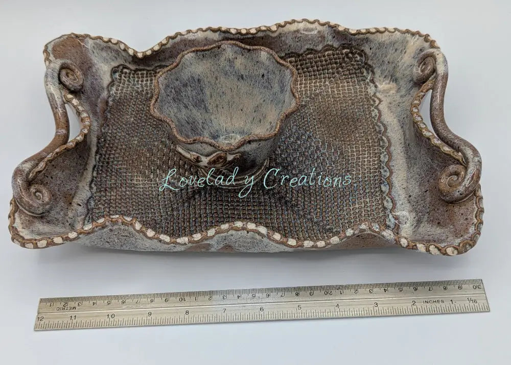 Grand Artisan Ceramic Chip & Dip / Relish Server with Textured Mesh and Organic Handles Chip and Dip